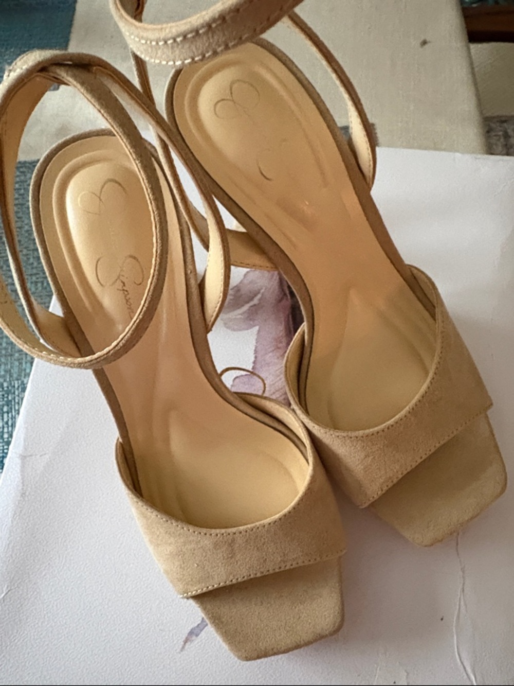 New Jessica Simpson Tan Suede Block Heel Sandals with Ankle Strap